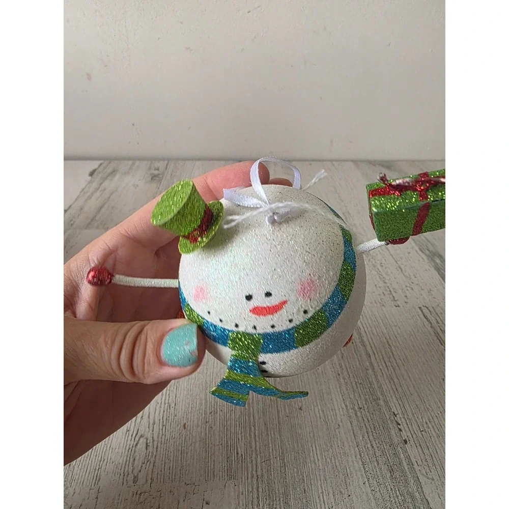 Vintage Pier 1 glitter snowman presents ornament top hat green Xmas